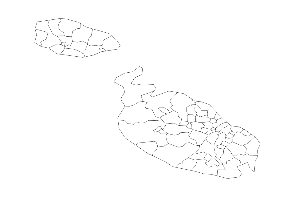 Carte de Malta de type contour et subdivisions pour Europe, montrant contour et subdivisions avec des limites nettes.