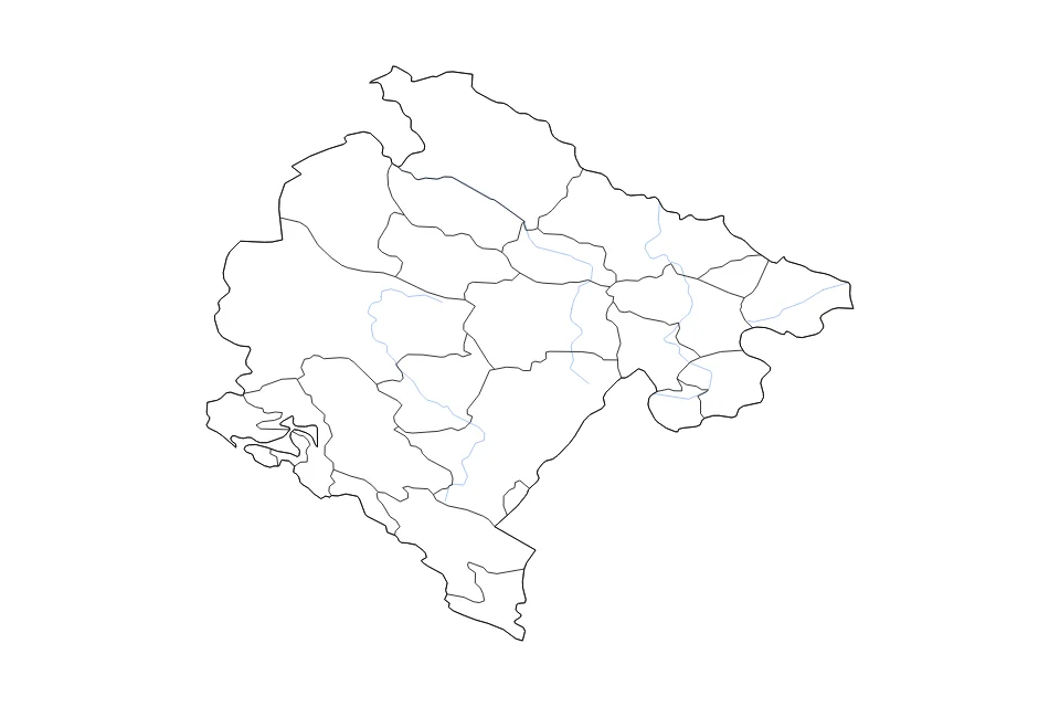 Mapa de Montenegro de tipo contorno, subdivisiones y ríos para Europa, con contorno, subdivisiones y ríos con límites limpios.