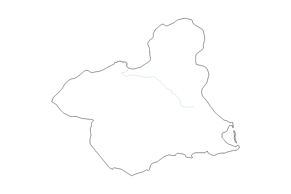 Mapa de Murcia de tipo contorno y ríos para Europa, con contorno y ríos con límites limpios.