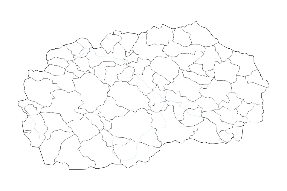 Mapa de North Macedonia de tipo contorno, subdivisiones y ríos para Europa, con contorno, subdivisiones y ríos con límites limpios.