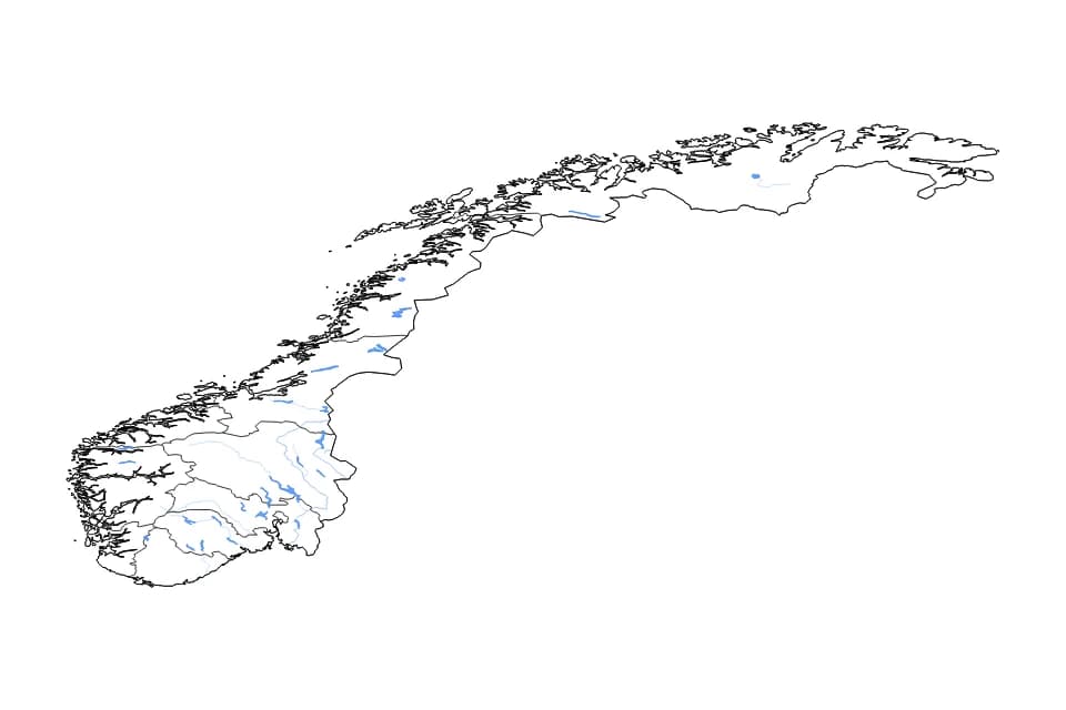 Mapa de Norway de tipo contorno, subdivisiones, lagos y ríos para Europa, con contorno, subdivisiones, lagos y ríos con elementos de agua como Mjøsa, Femund, y Røsvatnet.