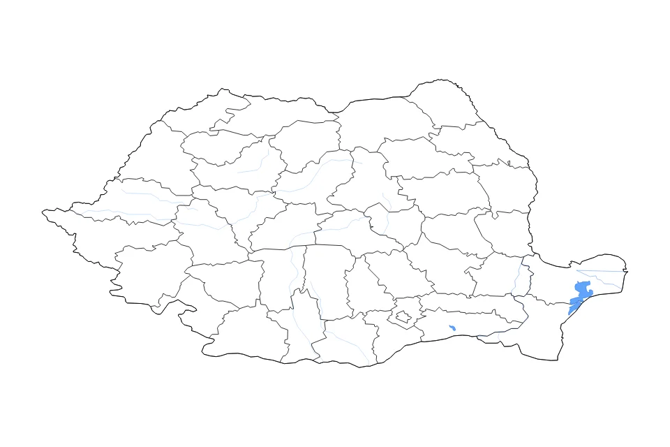 Carte de Romania de type contour, subdivisions, lacs et rivières pour Europe, montrant contour, subdivisions, lacs et rivières avec des éléments hydrographiques comme Razim, Lacul Sinoe, et Balta Mostiştea.
