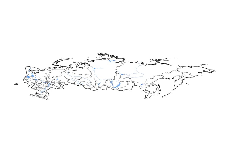 Carte de Russia de type contour, subdivisions, lacs et rivières pour Europe, montrant contour, subdivisions, lacs et rivières avec des éléments hydrographiques comme Ozero Baykal, Lake Ladoga, et Lake Onega.