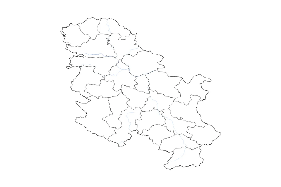 Carte de Serbia de type contour, subdivisions et rivières pour Europe, montrant contour, subdivisions et rivières avec des limites nettes.