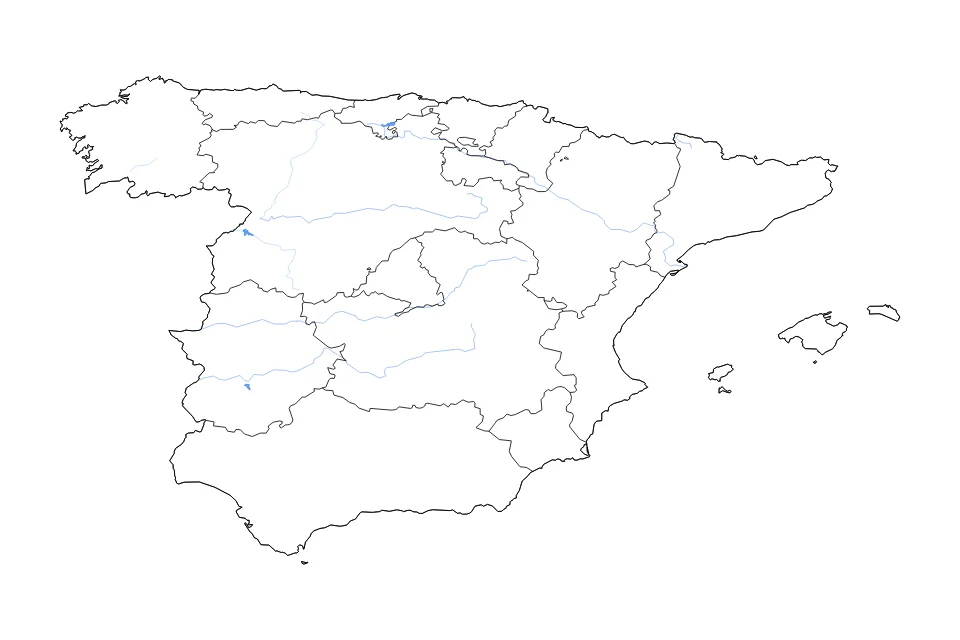 Mapa de Spain de tipo contorno, subdivisiones, lagos y ríos para Europa, con contorno, subdivisiones, lagos y ríos con elementos de agua como Embalse del Ebro, Embalse de Almendra, y Embalse de Alange.