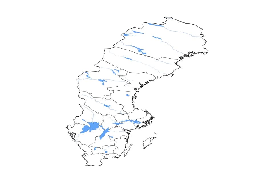 Mapa de Sweden de tipo contorno, subdivisiones, lagos y ríos para Europa, con contorno, subdivisiones, lagos y ríos con elementos de agua como Vänern, Vättern, y Mälaren.