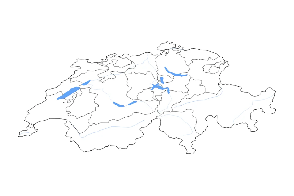 Carte de Switzerland de type contour, subdivisions, lacs et rivières pour Europe, montrant contour, subdivisions, lacs et rivières avec des éléments hydrographiques comme Lac de Neuchâtel, Vierwaldstättersee (Lake Lucerne), et Zürichsee.