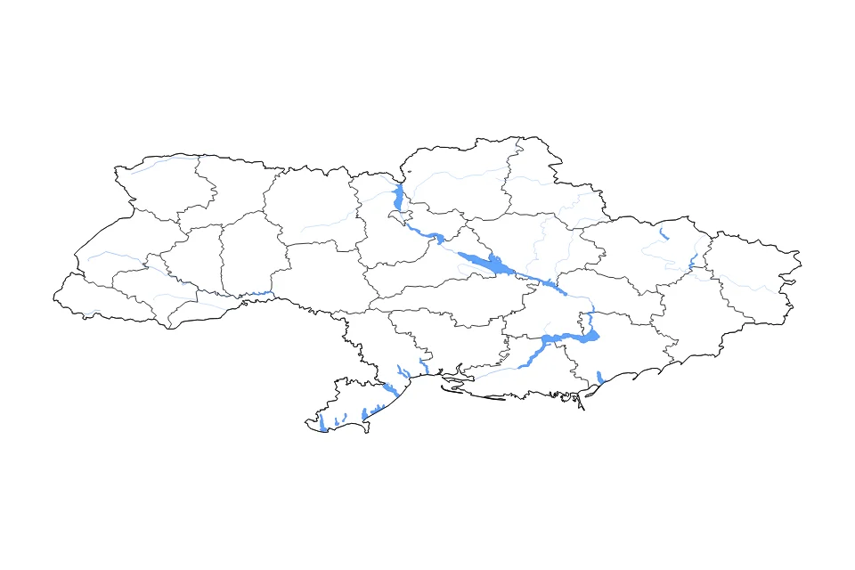 Mapa de Ukraine de tipo contorno, subdivisiones, lagos y ríos para Europa, con contorno, subdivisiones, lagos y ríos con elementos de agua como Kremenchutske Vodoskhovyshche, Kakhovske Vodoskhovyshche, y Kyivske Vodoskhovyshche.