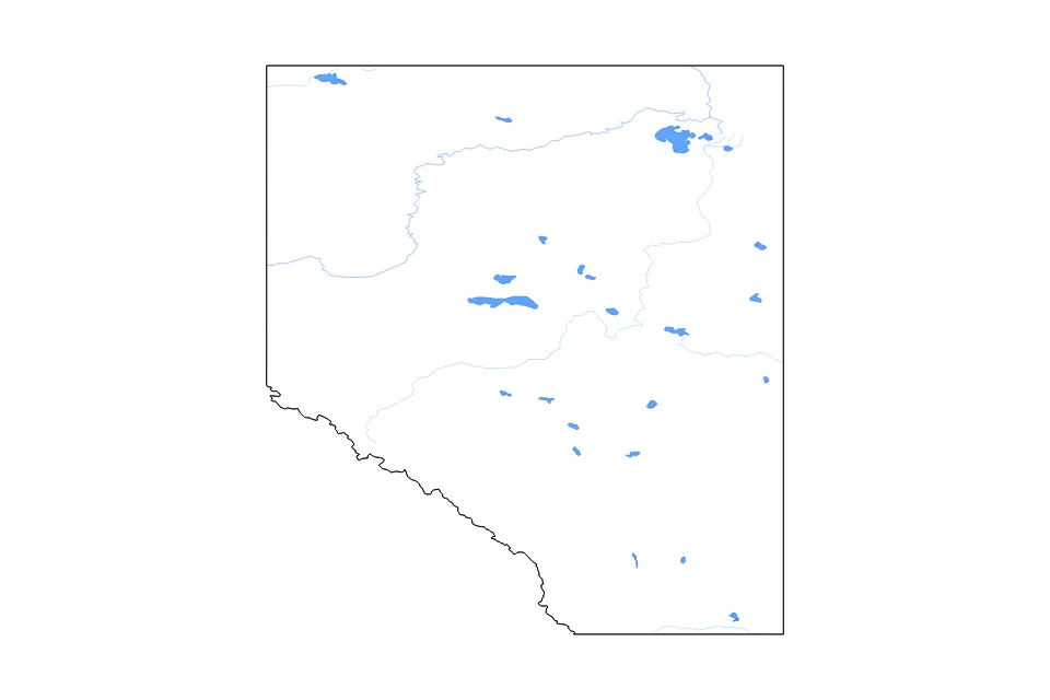 Carte de Alberta de type contour, lacs et rivières pour Amérique du Nord, montrant contour, lacs et rivières avec des éléments hydrographiques comme Lake Claire, Lesser Slave Lake, et Bistcho Lake.