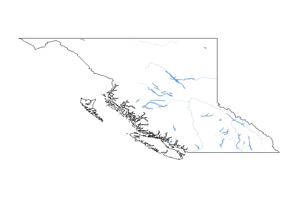 Mapa de British Columbia de tipo contorno, lagos y ríos para América del Norte, con contorno, lagos y ríos con elementos de agua como Williston Lake, Whitesail Lake, Natalkuz Lake, Knewstubb Lake, y Lower Arrow Lake.