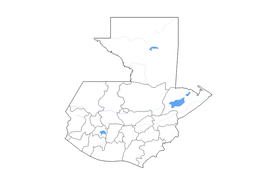 Mapa de Guatemala de tipo contorno, subdivisiones, lagos y ríos para América del Norte, con contorno, subdivisiones, lagos y ríos con elementos de agua como Lago de Izabal, Lago de Atitlán, y Lago Petén Itzá.