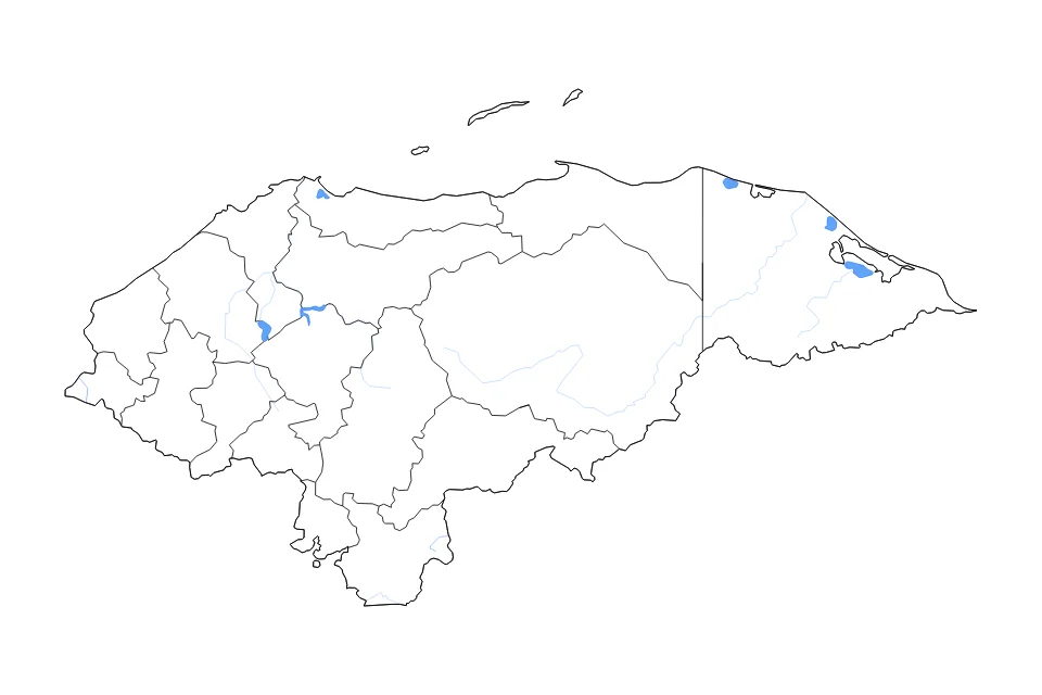 Mapa de Honduras de tipo contorno, subdivisiones, lagos y ríos para América del Norte, con contorno, subdivisiones, lagos y ríos con elementos de agua como Laguna Tánsin, Laguna de Yojoa, y Laguna Tara.