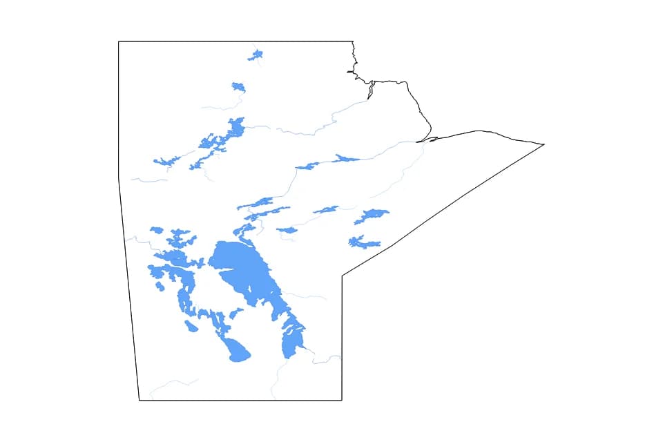 Carte de Manitoba de type contour, lacs et rivières pour Amérique du Nord, montrant contour, lacs et rivières avec des éléments hydrographiques comme Lake Winnipeg, Lake Winnipegosis, et Lake Manitoba.