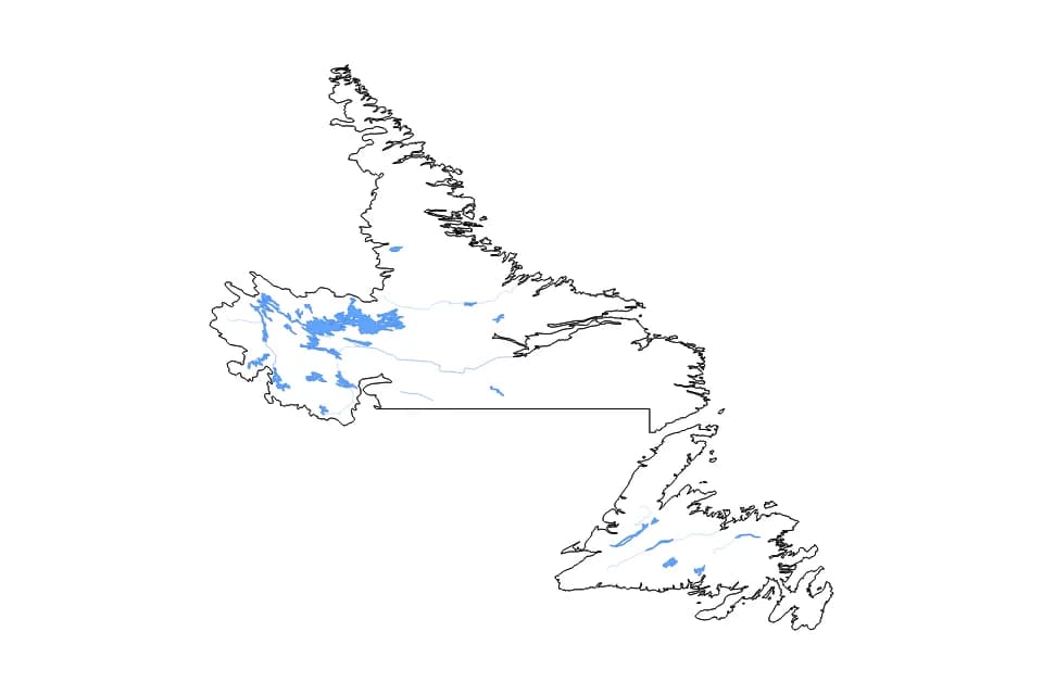 Mapa de Newfoundland And Labrador de tipo contorno, lagos y ríos para América del Norte, con contorno, lagos y ríos con elementos de agua como Smallwood Reservoir, Petitsikapau Lake, Astray Lake, Dyke Lake, Marble Lake, Menihek Lakes, y Ossokmanuan Reservoir.