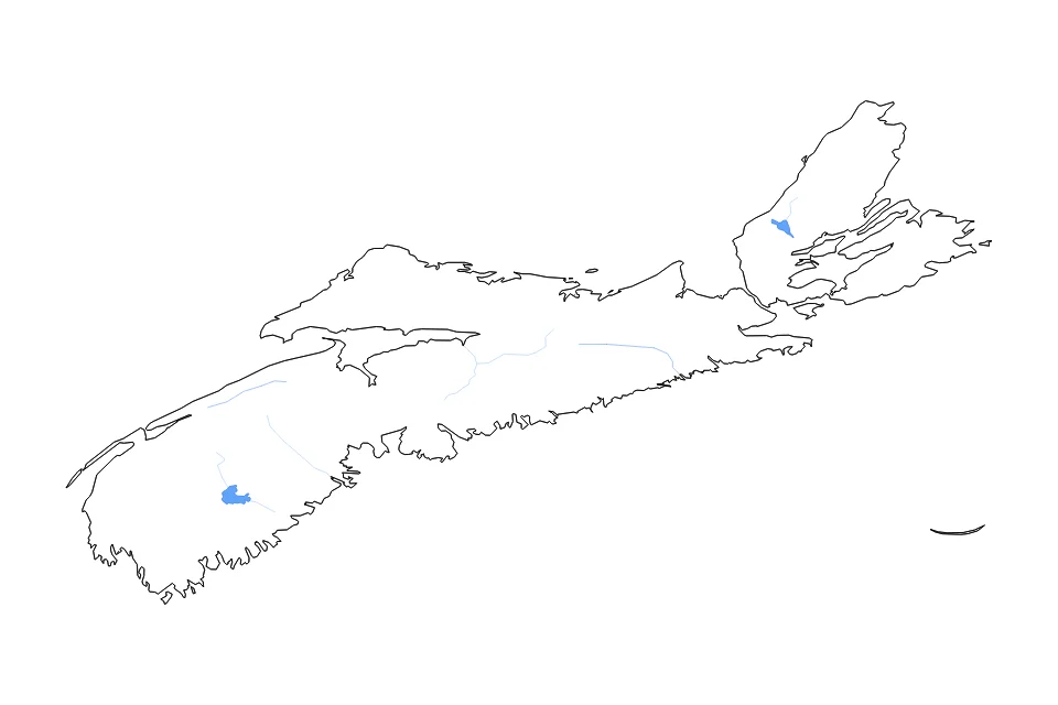 Carte de Nova Scotia de type contour, lacs et rivières pour Amérique du Nord, montrant contour, lacs et rivières avec des éléments hydrographiques comme Lake Rossignol et Lake Ainslie.