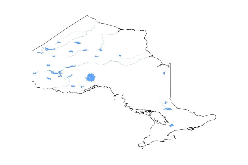 Mapa de Ontario de tipo contorno, lagos y ríos para América del Norte, con contorno, lagos y ríos con elementos de agua como Lake Nipigon, Lac Seul, y Lake Nipissing.
