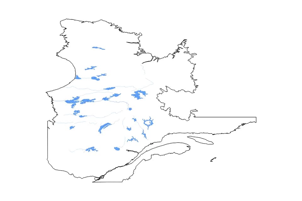 Mapa de Quebec de tipo contorno, lagos y ríos para América del Norte, con contorno, lagos y ríos con elementos de agua como Réservoir de Caniapiscau, Réservoir Robert-Bourassa, y Réservoir La Grande 3.