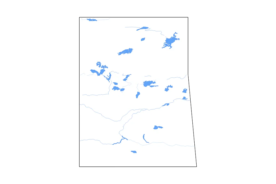 Mapa de Saskatchewan de tipo contorno, lagos y ríos para América del Norte, con contorno, lagos y ríos con elementos de agua como Wollaston Lake, Lac la Ronge, y Cree Lake.