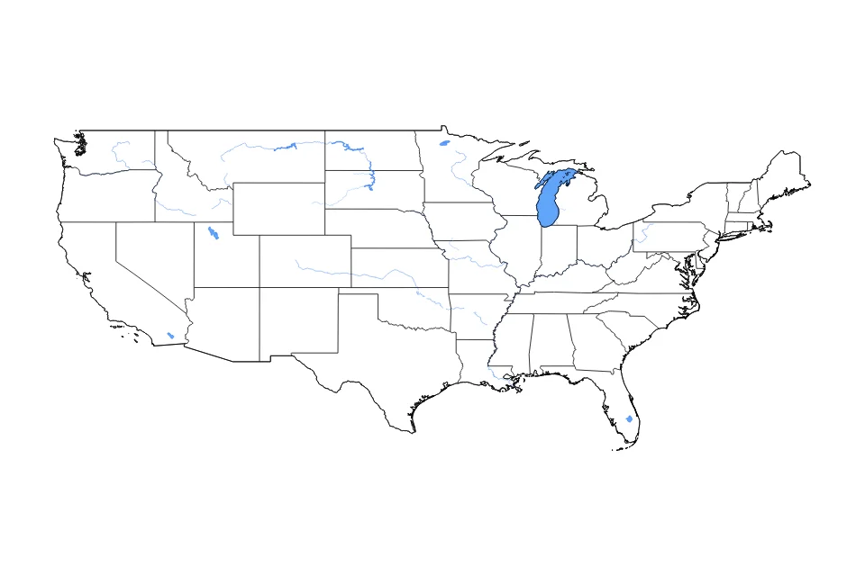 Mapa de United States de tipo contorno, subdivisiones, lagos y ríos para América del Norte, con contorno, subdivisiones, lagos y ríos con elementos de agua como Lake Michigan, Great Salt Lake, y Lake Sakakawea, Audubon Lake.