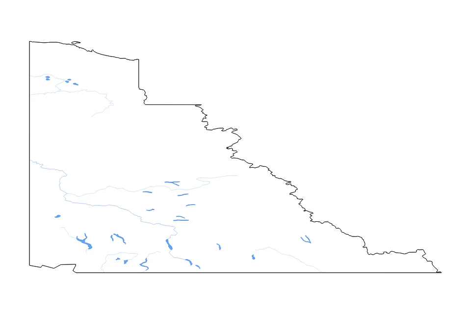 Mapa de Yukon de tipo contorno, lagos y ríos para América del Norte, con contorno, lagos y ríos con elementos de agua como Kluane Lake, Lake Laberge, y Aishihik Lake.