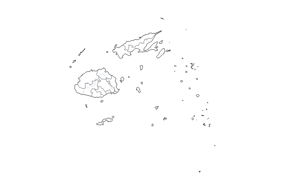 Mapa de Fiji de tipo contorno, subdivisiones y ríos para Oceanía, con contorno, subdivisiones y ríos con límites limpios.