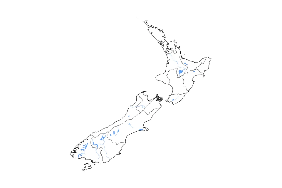 Mapa de New Zealand de tipo contorno, subdivisiones, lagos y ríos para Oceanía, con contorno, subdivisiones, lagos y ríos con elementos de agua como Lake Taupo, Lake Te Anau, y Lake Wakatipu.