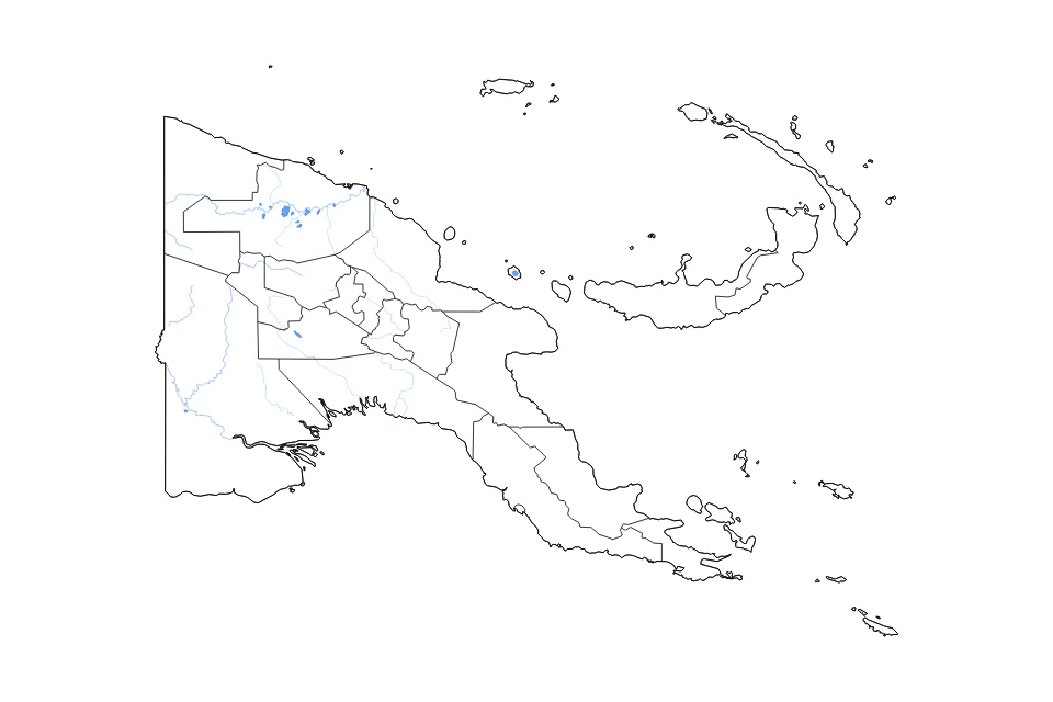 Mapa de Papua New Guinea de tipo contorno, subdivisiones, lagos y ríos para Oceanía, con contorno, subdivisiones, lagos y ríos con elementos de agua como Chambri Lake, Lake Wisdom, y Lake Kutubu.