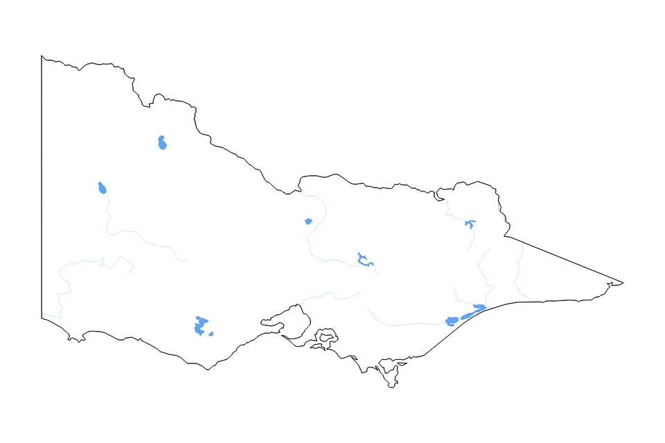 Carte de Victoria de type contour, lacs et rivières pour Océanie, montrant contour, lacs et rivières avec des éléments hydrographiques comme Lake Corangamite, Lake Victoria, Lake King, et Lake Tyrrell.