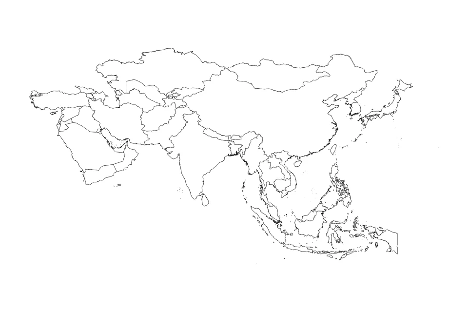 Mapa de Asia de tipo contorno y subdivisiones para World, con contorno y subdivisiones con límites limpios.