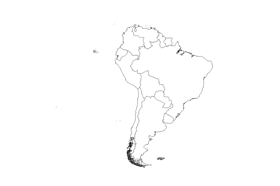 Carte de South America de type contour et subdivisions pour World, montrant contour et subdivisions avec des limites nettes.