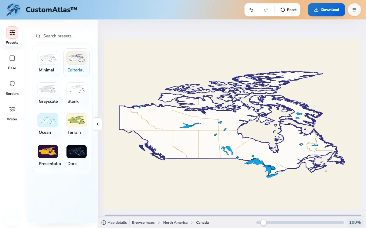 Canada dans l'éditeur CustomAtlas