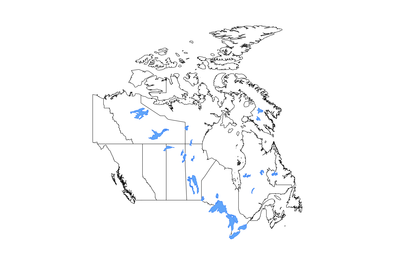 Mapa de contorno de Canadá con límites provinciales y lagos