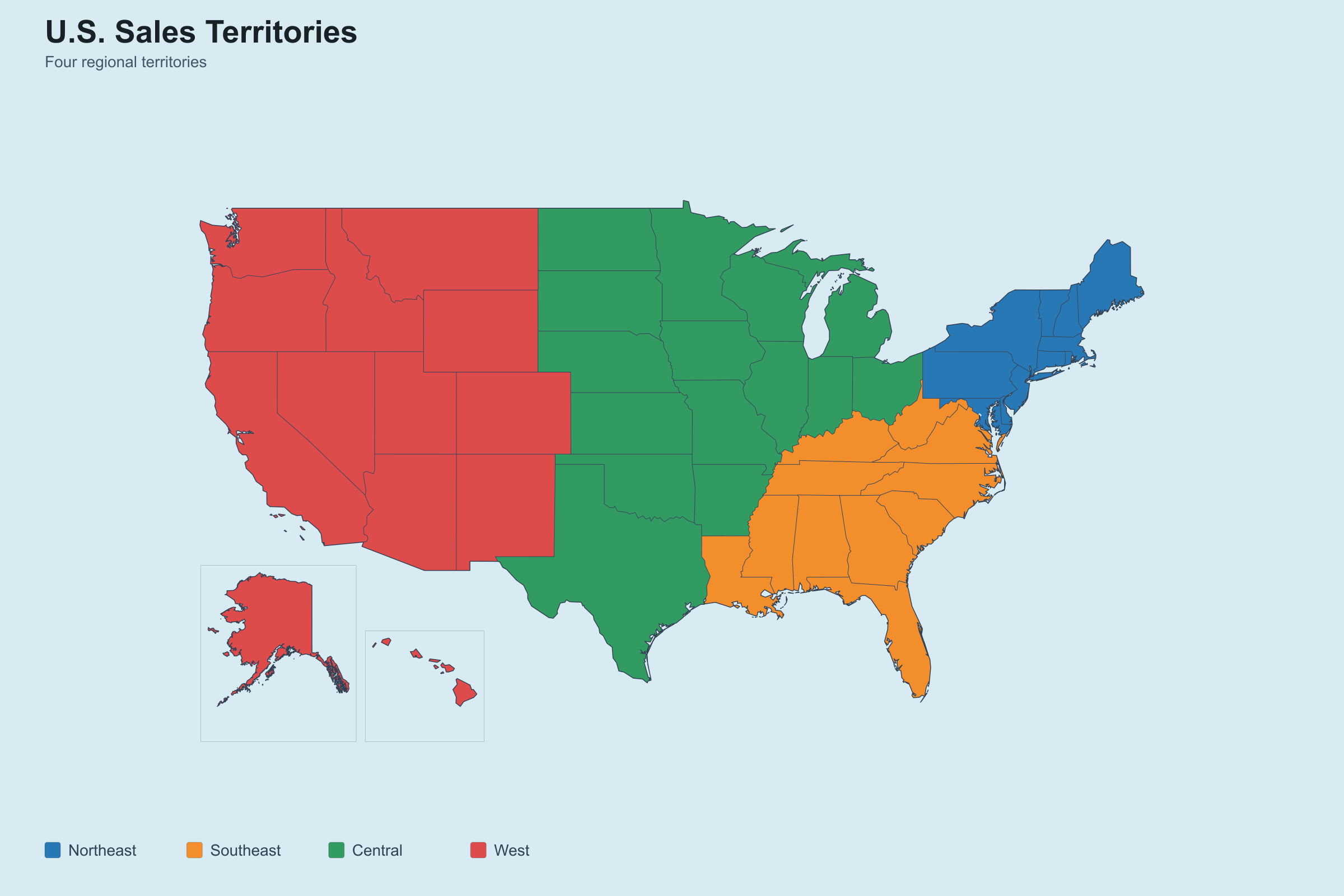 Los 50 estados de EE. UU. en cuatro territorios de ventas de colores