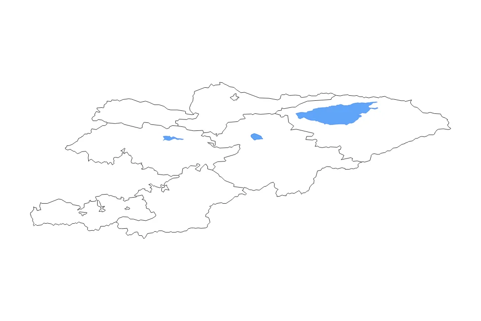 Carte de Kyrgyzstan de type contour, subdivisions et lacs pour Asia, montrant contour, subdivisions et lacs avec 4 lacs principaux.