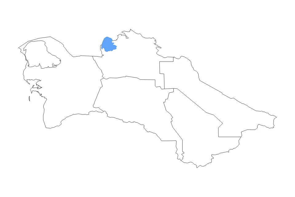 Carte de Turkmenistan de type contour, subdivisions et lacs pour Asia, montrant contour, subdivisions et lacs avec 1 lacs principaux.