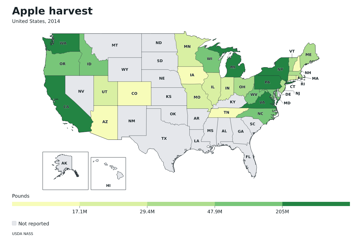 Cosecha de manzanas por estado en Estados Unidos, 2014. Unidad: libras de manzanas. Fuente: USDA National Agricultural Statistics Service (NASS).