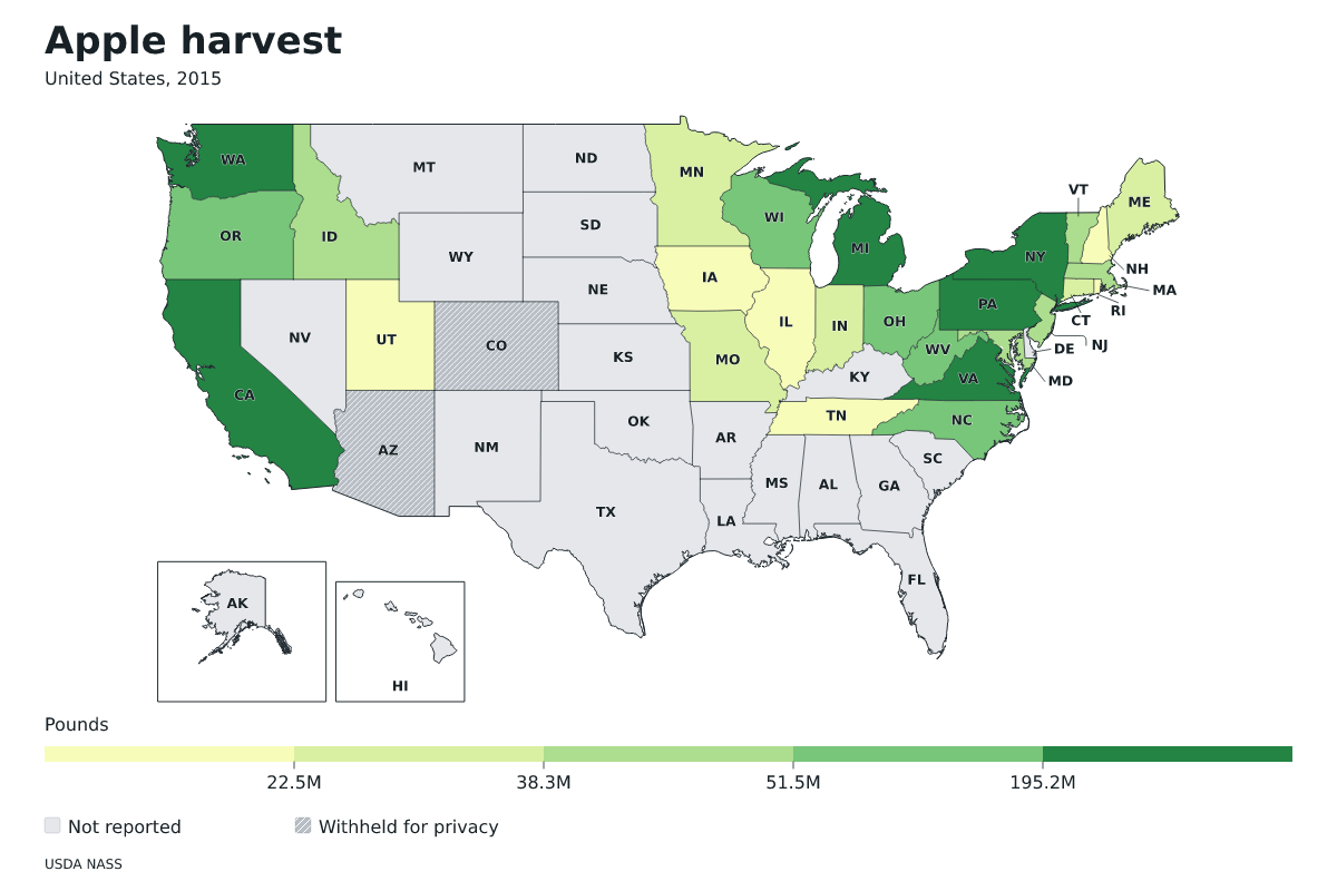 Cosecha de manzanas por estado en Estados Unidos, 2015. Unidad: libras de manzanas. Fuente: USDA National Agricultural Statistics Service (NASS).