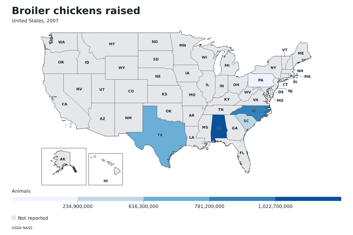 Pollos de engorde criados por estado en Estados Unidos, 2007. Unidad: pollos de engorde. Fuente: USDA National Agricultural Statistics Service (NASS).