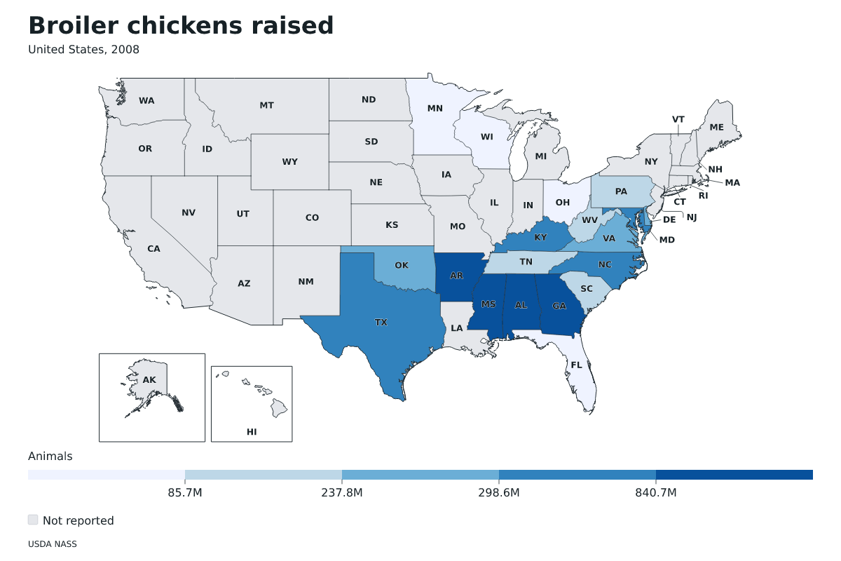 Pollos de engorde criados por estado en Estados Unidos, 2008. Unidad: pollos de engorde. Fuente: USDA National Agricultural Statistics Service (NASS).