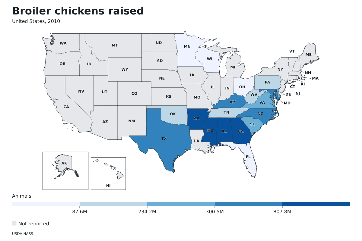 Pollos de engorde criados por estado en Estados Unidos, 2010. Unidad: pollos de engorde. Fuente: USDA National Agricultural Statistics Service (NASS).