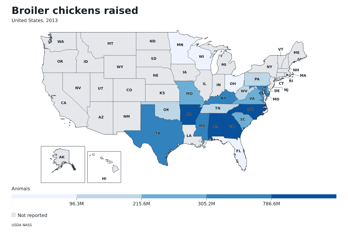 Pollos de engorde criados por estado en Estados Unidos, 2013. Unidad: pollos de engorde. Fuente: USDA National Agricultural Statistics Service (NASS).