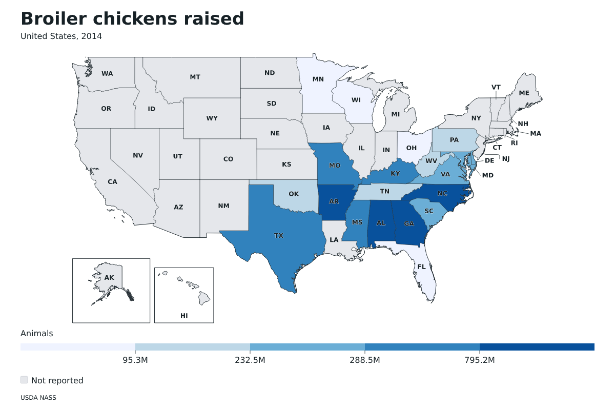 Pollos de engorde criados por estado en Estados Unidos, 2014. Unidad: pollos de engorde. Fuente: USDA National Agricultural Statistics Service (NASS).