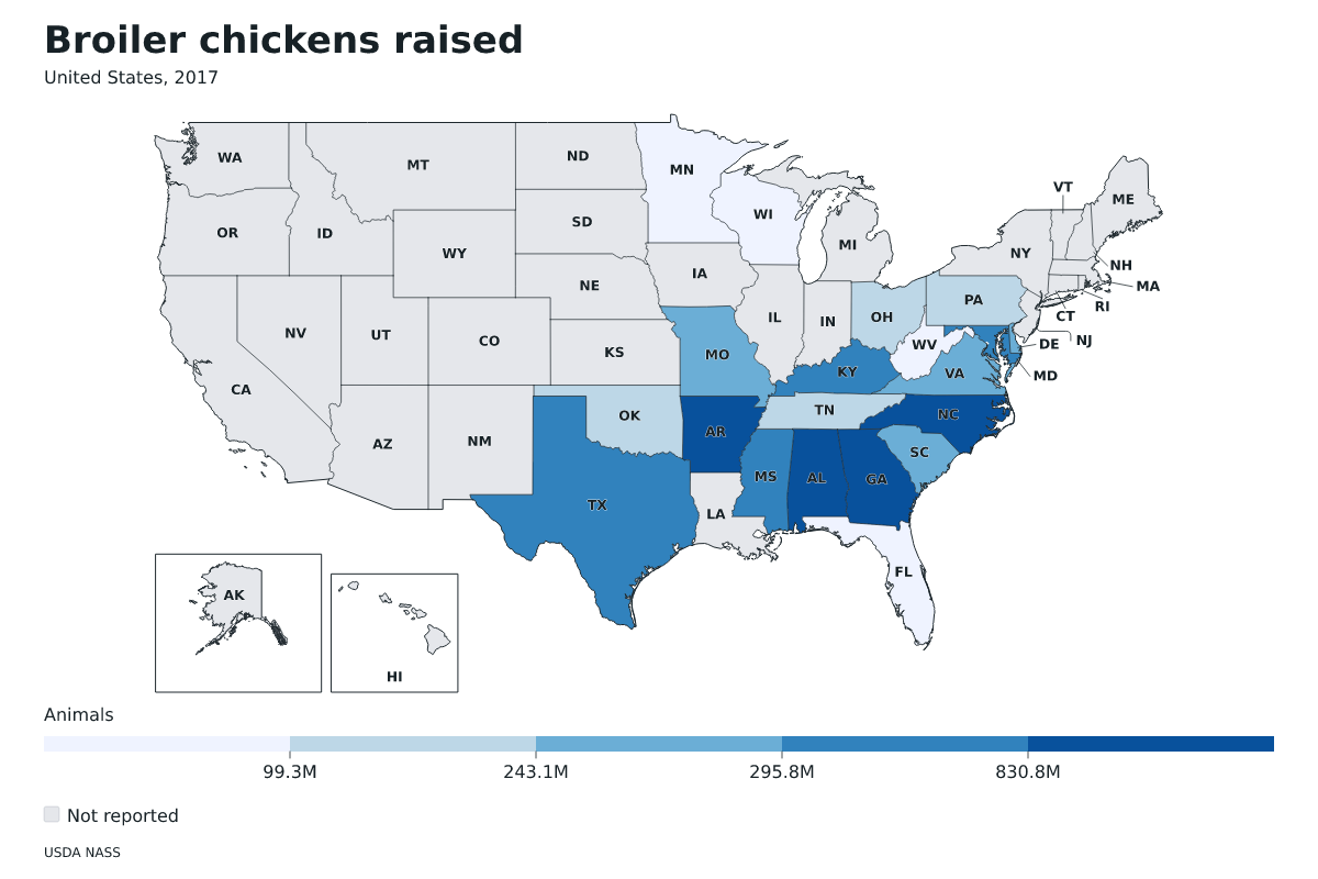 Pollos de engorde criados por estado en Estados Unidos, 2017. Unidad: pollos de engorde. Fuente: USDA National Agricultural Statistics Service (NASS).
