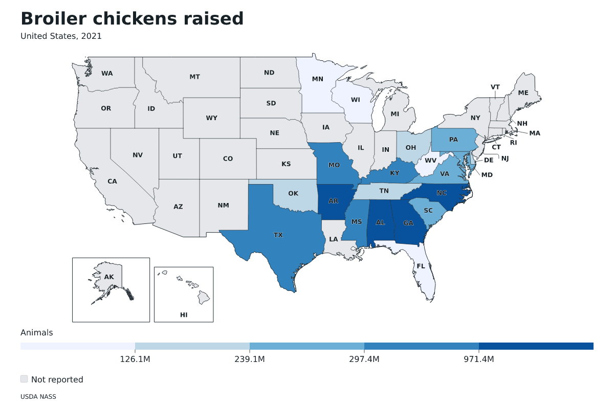 Pollos de engorde criados por estado en Estados Unidos, 2021. Unidad: pollos de engorde. Fuente: USDA National Agricultural Statistics Service (NASS).
