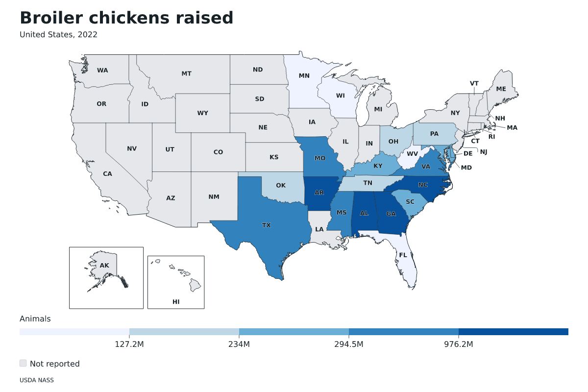 Pollos de engorde criados por estado en Estados Unidos, 2022. Unidad: pollos de engorde. Fuente: USDA National Agricultural Statistics Service (NASS).