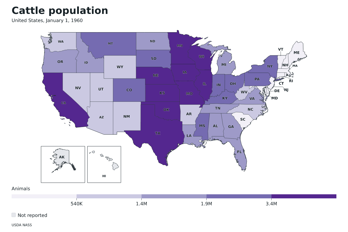 Carte de données de États-Unis · Cattle population · January 1, 1960 avec limites administratives internes.