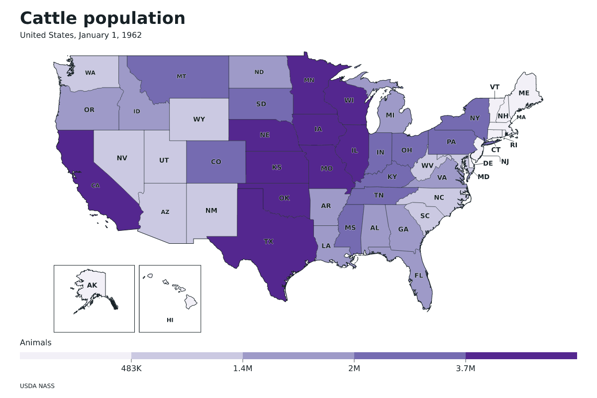 Data map of United States · Cattle population · January 1, 1962 with internal administrative boundaries.