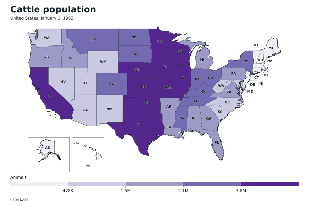 Data map of United States · Cattle population · January 1, 1963 with internal administrative boundaries.