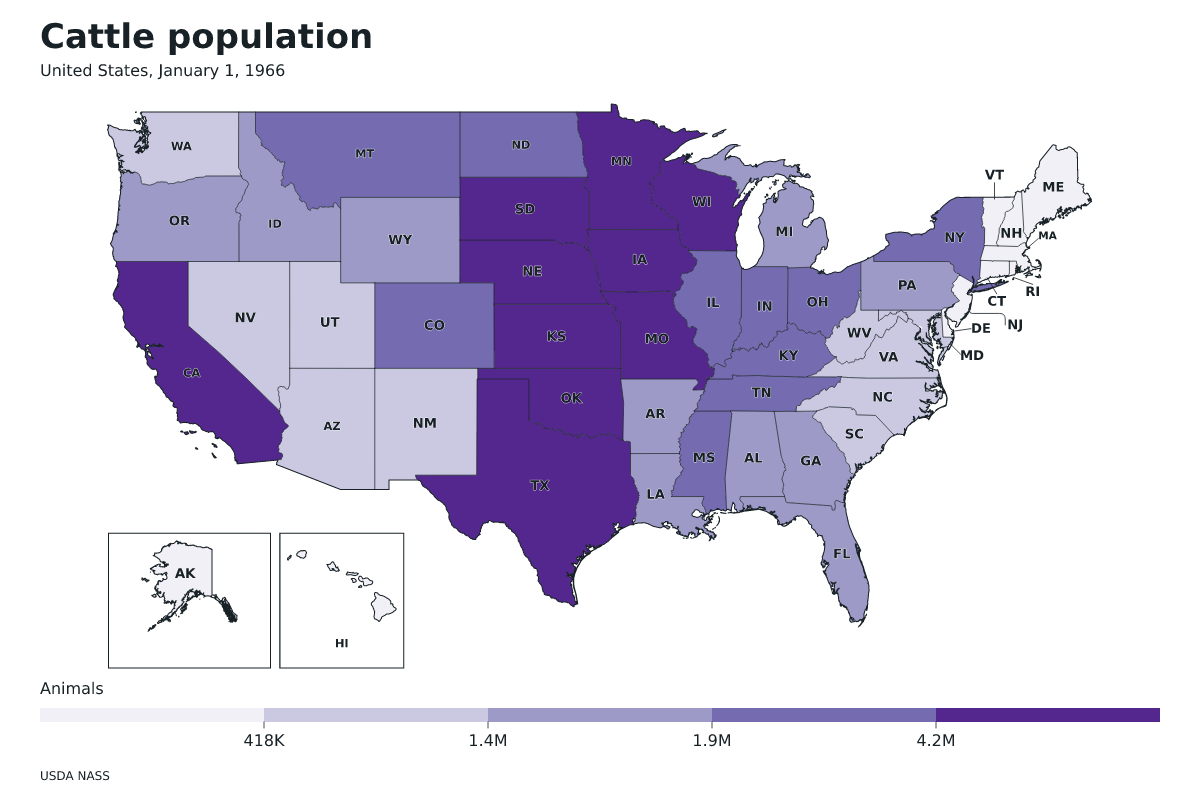Data map of United States · Cattle population · January 1, 1966 with internal administrative boundaries.