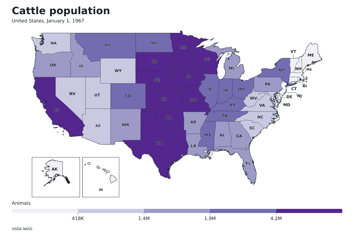 Data map of United States · Cattle population · January 1, 1967 with internal administrative boundaries.